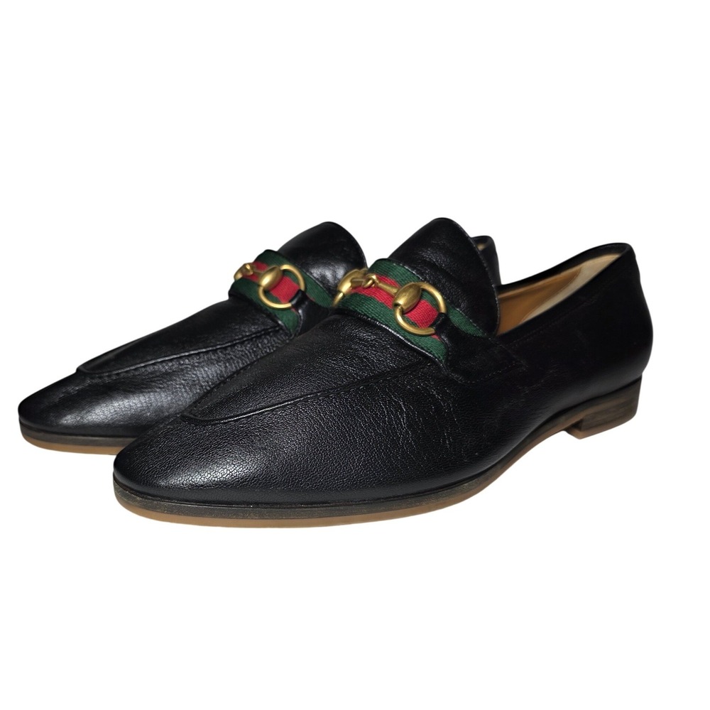 Gucci Jordaan Horsebit Loafers Black Leather Web Stripe 569473 Mens 7.5